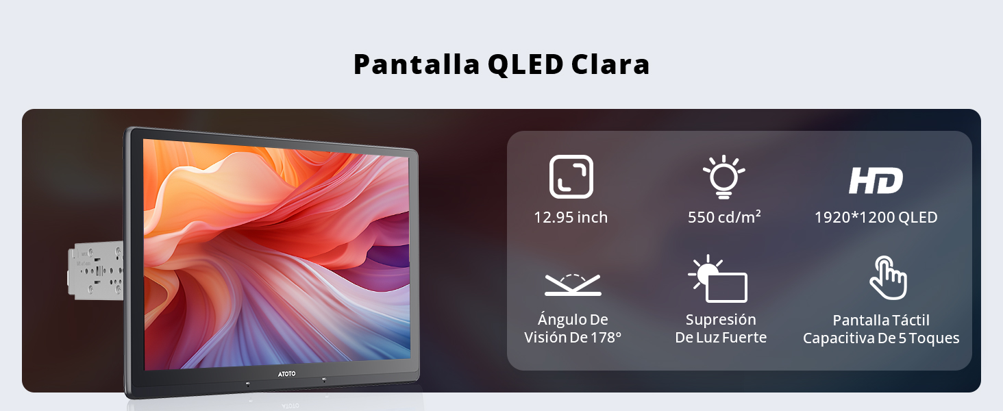 El monitor con pantalla ancha QLED se muestra desde varios ángulos, con biseles delgados y la marca «Pantalla QLED Clara» con iconos de interfaz en la parte superior.