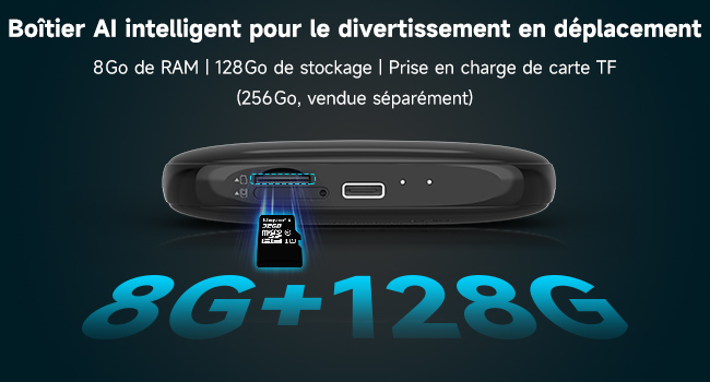 Le texte se lit comme suit : « Boîtier AI intelligent pour le divertissement en déplacement ». Appareil électronique à affichage numérique affichant des éléments d'interface illuminés en bleu.