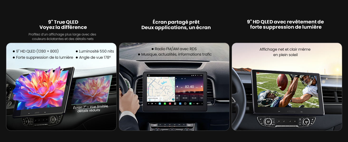 Série d'écrans d'interface automobile présentant les caractéristiques du système multimédia, y compris les écrans de navigation et de divertissement dans un habitacle sombre.