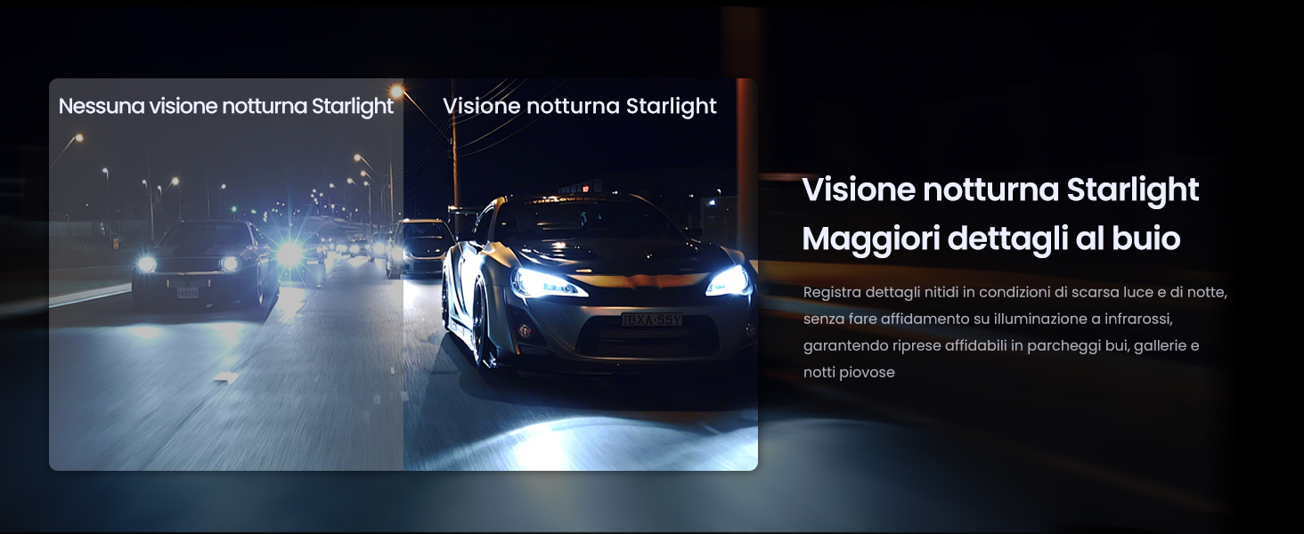 Il testo recita «Visione notturna Starlight». Scena di guida notturna che mostra i fari delle auto che illuminano la strada buia, dimostrando la tecnologia di illuminazione automobilistica.