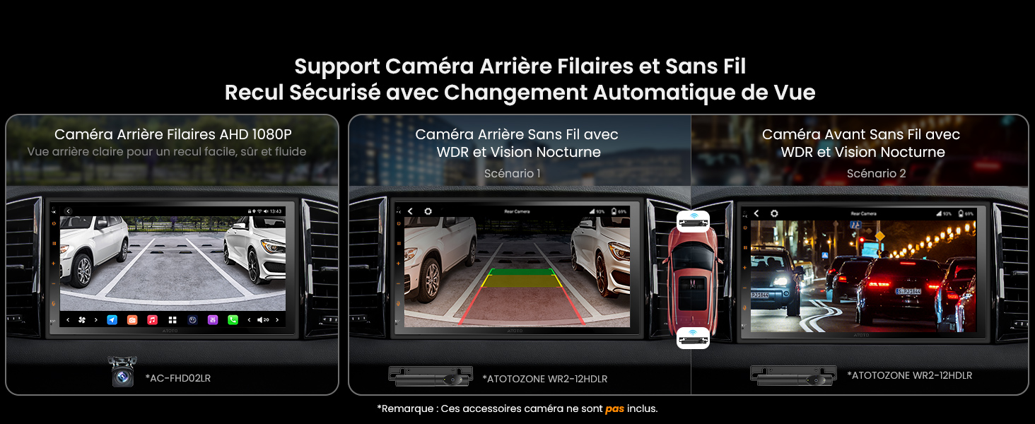 Le texte indique « Support Caméra Arrière Filoess et Sans Fil ». Affiche trois vues différentes de l'interface du système de caméra de recul du véhicule.