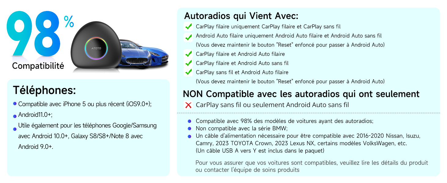 Le texte indique « 98 Téléphone : » suivi des coordonnées et des spécifications techniques en français sur fond bleu clair.