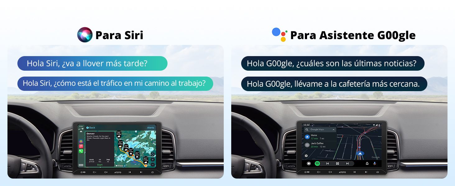 Dos interfaces de pantalla en el salpicadero del coche una al lado de la otra que muestran pantallas digitales con funciones de navegación y control.