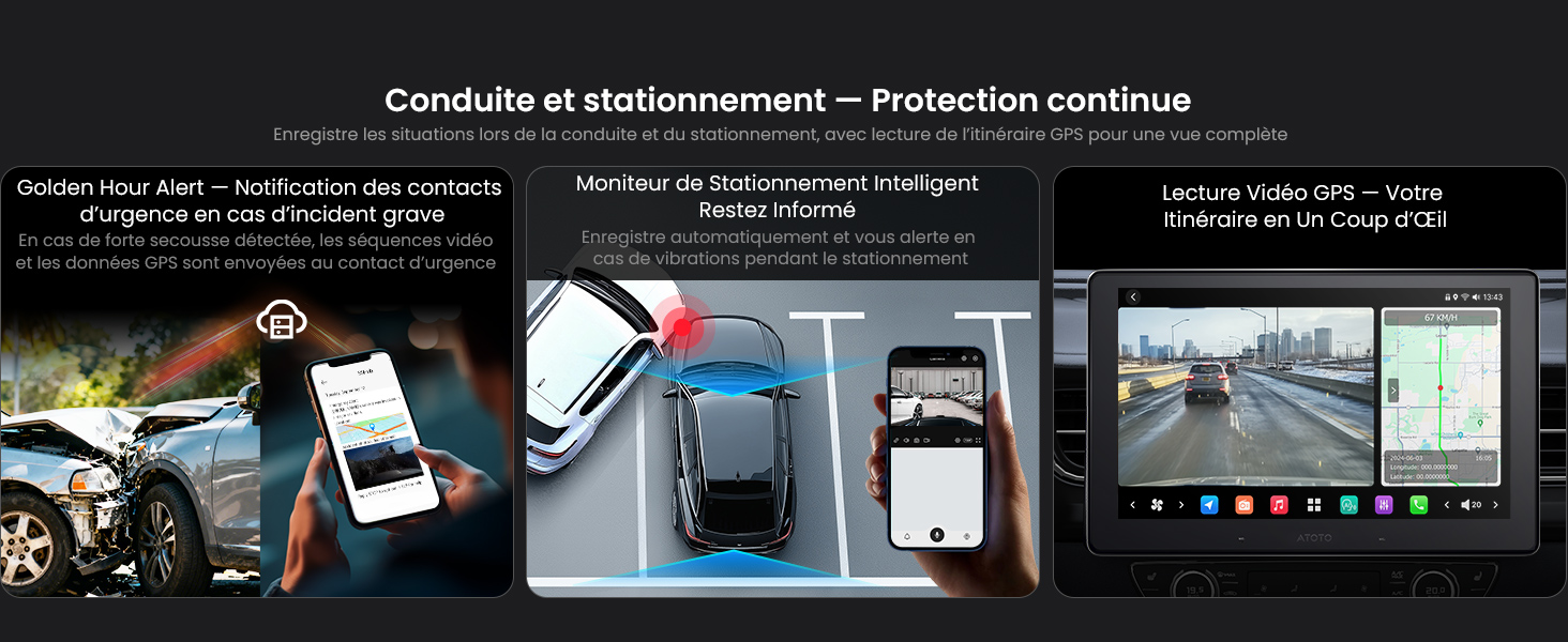 Le texte se lit comme suit : « Conduite et stationnement - Protection continue ». Vue étendue des caractéristiques de sécurité du véhicule, y compris la navigation GPS et les écrans d'assistance au conducteur.