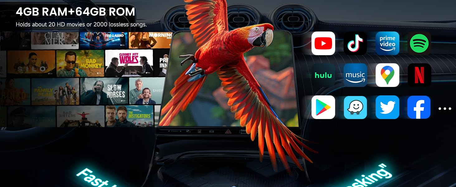 Text reads '4GB RAM+64GB ROM'. Device interface showing multiple app icons including YouTube, TikTok, Spotify, Netflix, Facebook, and other streaming/social media applications.