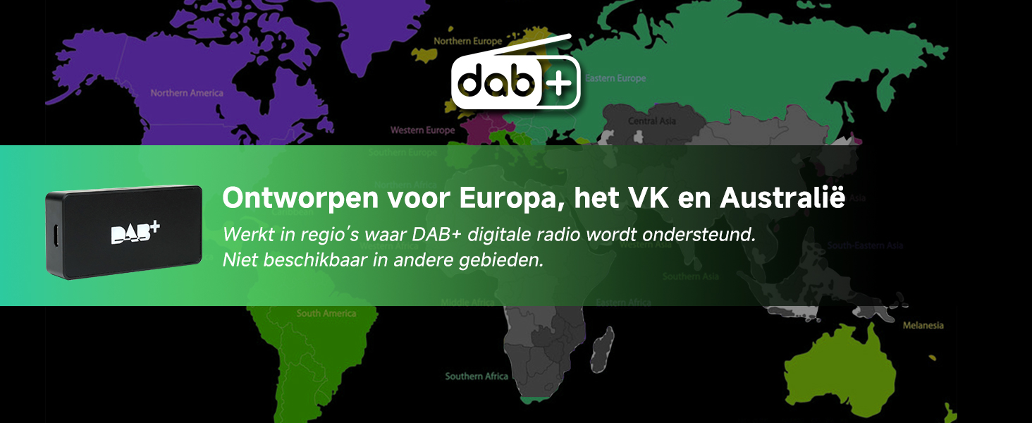 World map display with purple elements. Text reads 'aob 22' and 'ontworpen voor Europa, het VK en Australië'.