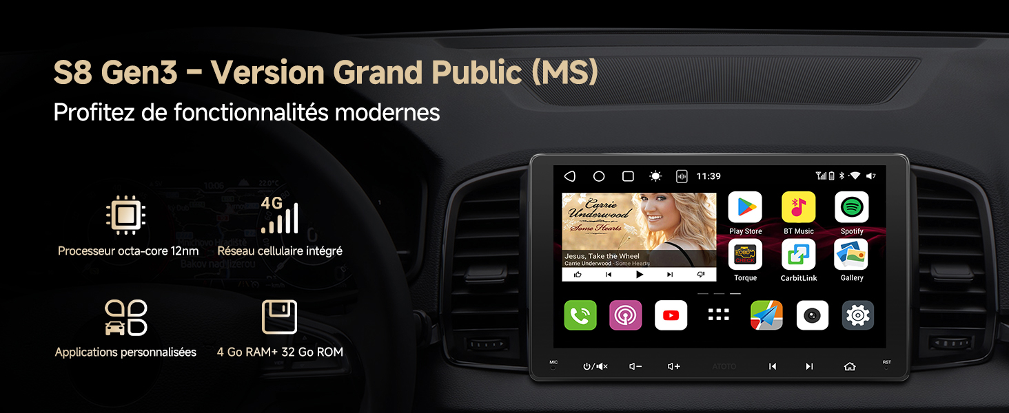 Captures d'écran de l'interface mobile montrant la navigation des applications et les panneaux de configuration avec des éléments d'interface à thème sombre.