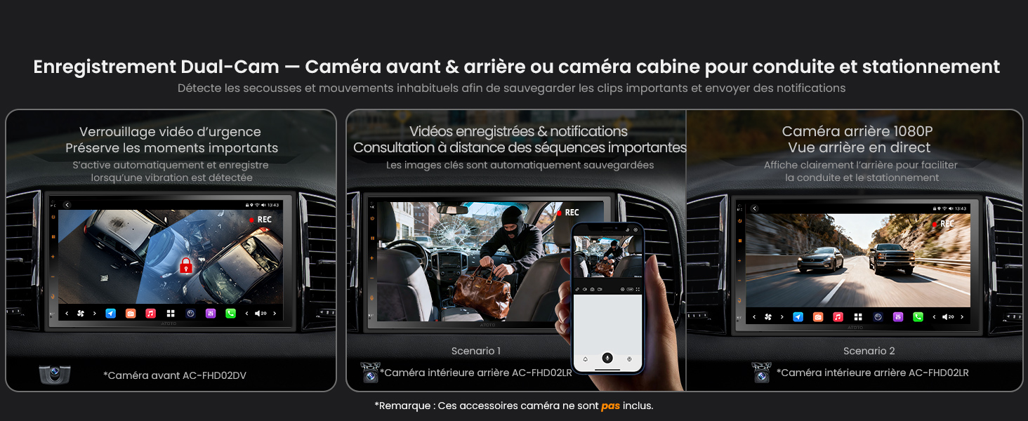Le texte indique « L'enregistrement Dual-Com ». Trois écrans de surveillance par caméra de surveillance montrant différentes vues des caméras de sécurité dans des cadres noirs avec les spécifications techniques ci-dessous.
