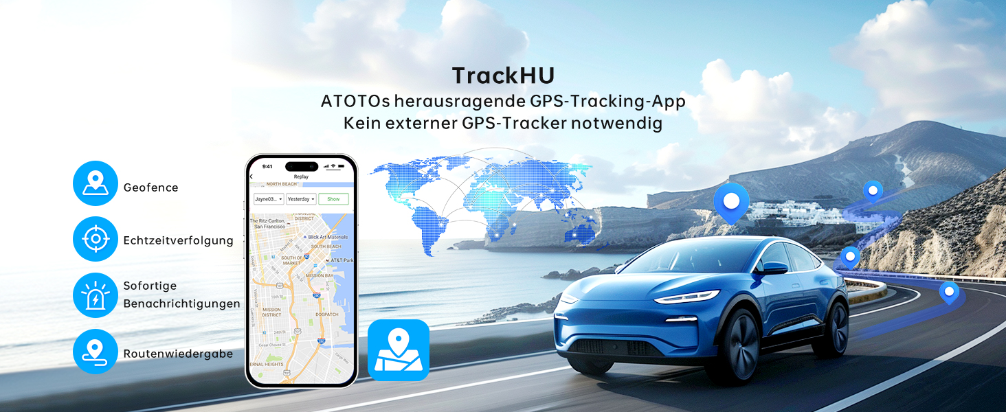 Der Text lautet „TraceMU“. Marketingbild, das die Oberfläche der mobilen App mit Karte auf dem Telefonbildschirm neben einem blauen Auto auf der Küstenstraße zeigt. Verfügt über Standort- und Tracking-Symbole.