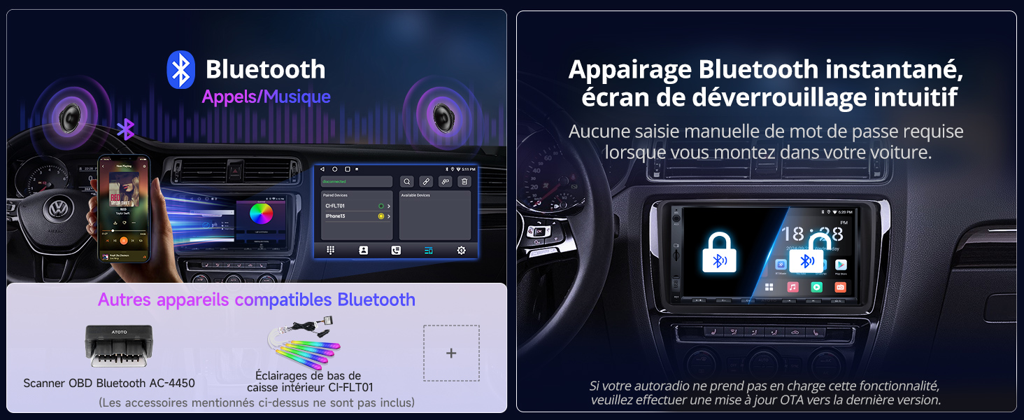 avec connectivité Bluetooth, montrant le couplage du smartphone et l'interface à écran tactile. Dispose d'un couplage Bluetooth instantané et d'un affichage intuitif de l'écran de verrouillage.
