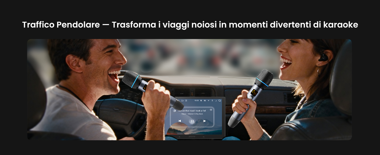 Il testo recita «Traffico Pendolare - Trasforma i viaggi noiosi in momenti divertenti al karaoke». Immagine di marketing che mostra persone impegnate in attività.