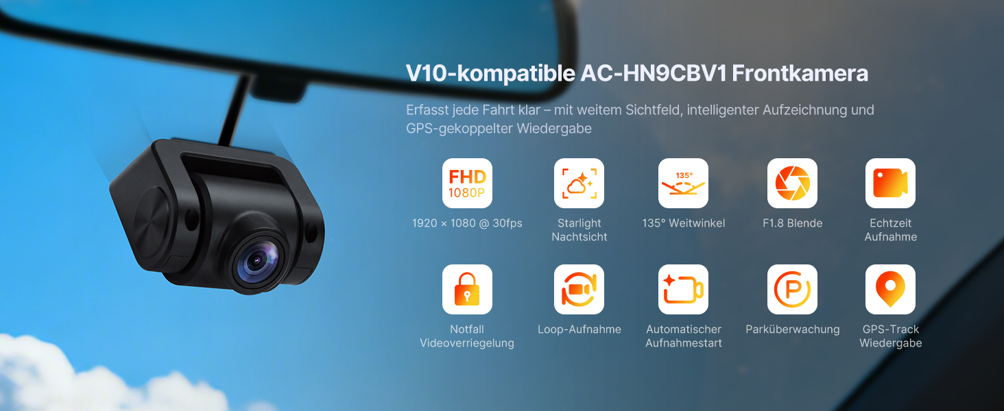 Der Text lautet 'V10-kompatible AC-HN9CBV1 Frontkamera'. Armaturenbrettkamera mit Funktionssymbolen, die FHD-Aufnahme, Nachtsicht und Parkmodus-Funktionen vor blauem Hintergrund anzeigen.