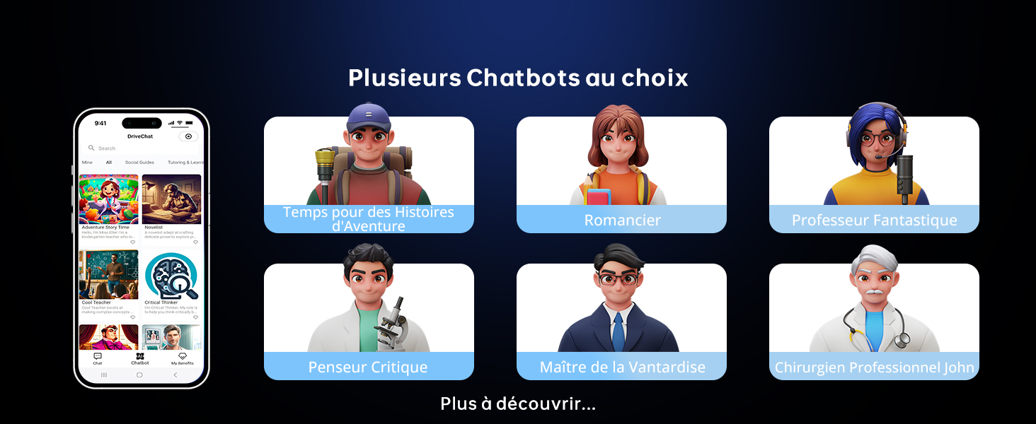 Écran du smartphone montrant l'interface de l'application avec des vignettes colorées. À côté, six avatars de dessins animés représentant différentes professions et personnalités, étiquetés « Plusieurs chatbots au choix »