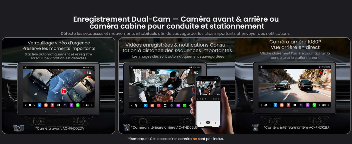 Le texte indique « Enregistrement Dual-Cam ». Plusieurs captures d'écran de l'interface montrant la configuration de l'enregistrement à double caméra et les options de configuration dans le thème sombre.
