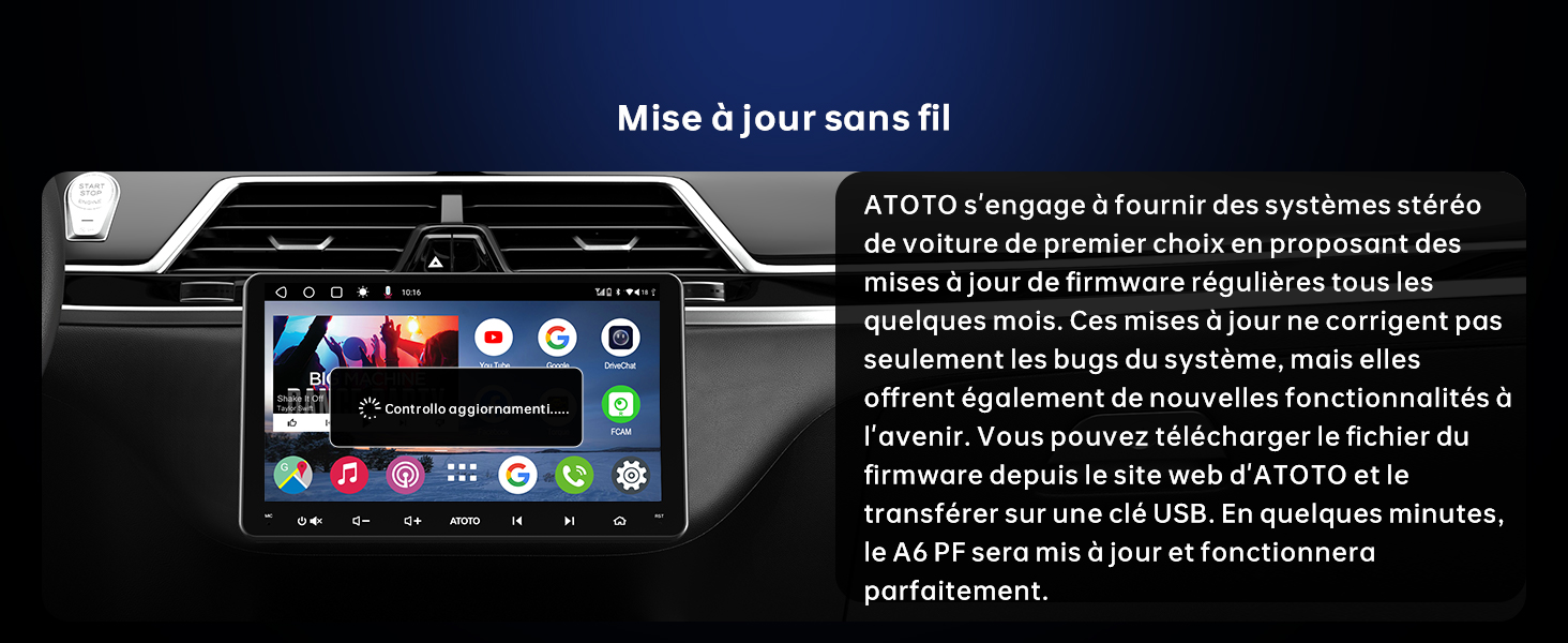 avec écran tactile affichant des icônes d'applications colorées. L'écran indique les mises à jour sans fil et les nouvelles fonctionnalités. Tableau de bord et bouches d'aération visibles en arrière-plan.