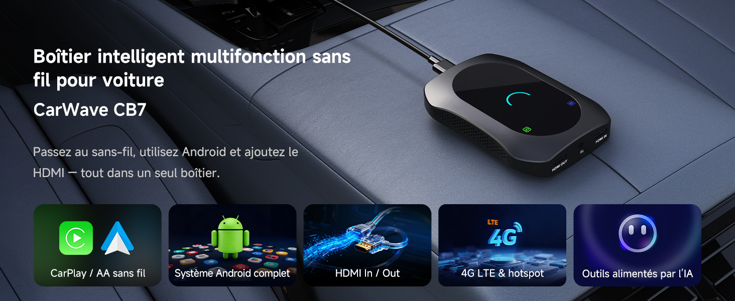Texte affiché : « Carwaves Q8 ». Interface d'accessoires de voiture affichant plusieurs icônes pour des fonctions telles que WhatsApp, Apple, Android Auto, WiFi, 4G et les symboles d'alimentation sur fond sombre.