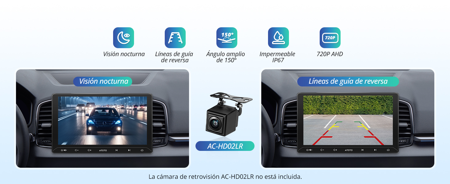 La interfaz de pantalla del salpicadero del automóvil muestra las vistas de la cámara de navegación y de respaldo con múltiples iconos de funciones en la parte superior.