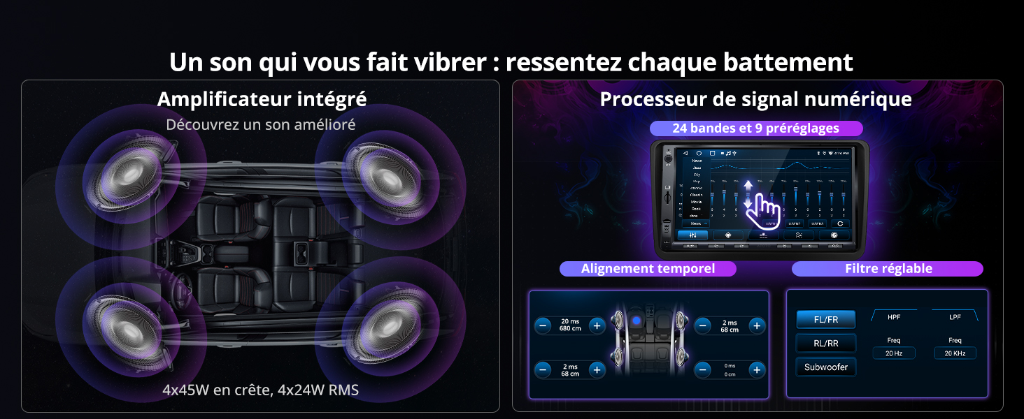 avec quatre haut-parleurs vibrants et amplificateur intégré. Processeur de signal numérique avec interface tactile affichant les formes d'onde audio et les paramètres de l'égaliseur.