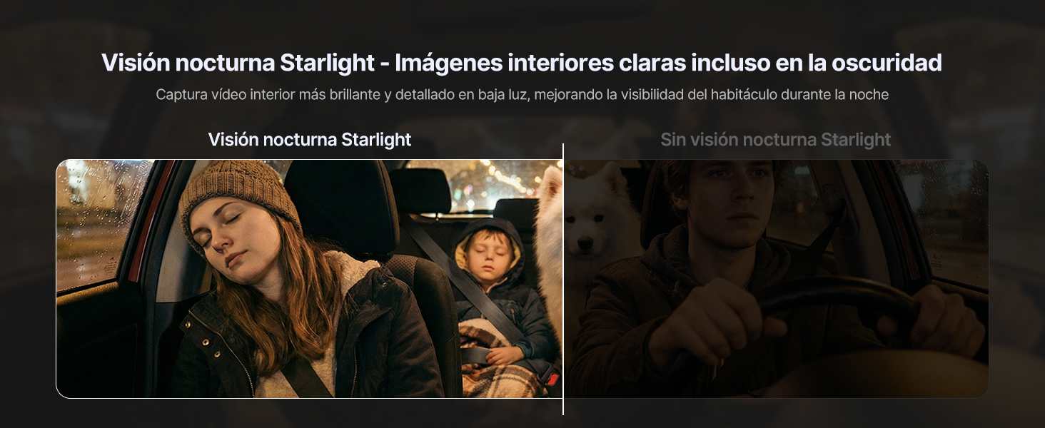 El texto dice «Visión nocturna Starlight - Imágenes interiores claras incluso en la oscuridad». Escenas interiores oscuras que demuestran la capacidad de una cámara de visión nocturna.