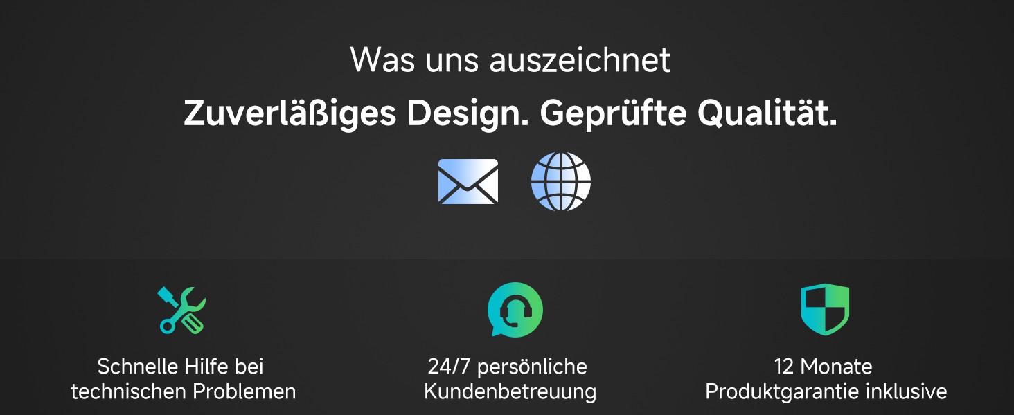 Der Text lautet: „Was uns auszeichnet Zuverlässiges Design. Geprüfte Qualität.“ Zeigt dieselben drei Servicesymbole für technischen Support, 24/7-Service und Garantie an.