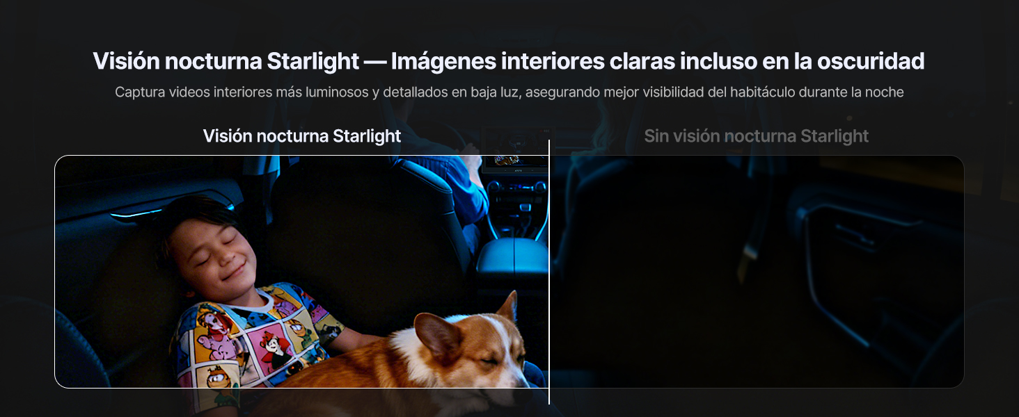 El texto dice «Visión nocturna Starlight — Imágenes interiores claras incluso en la oscuridad». Comparación en pantalla dividida que muestra imágenes de vigilancia interior durante la noche.