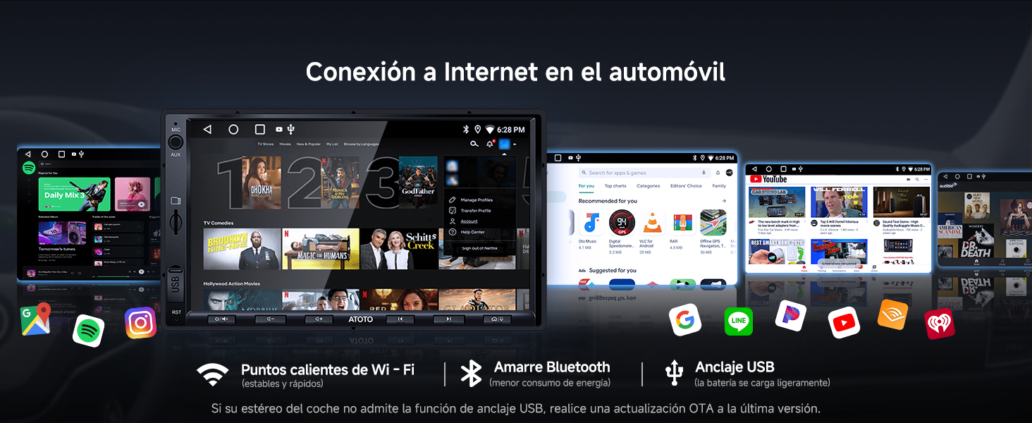 El texto dice: «Conexión a internet en el automóvil». La pantalla del salpicadero muestra varias interfaces de aplicaciones y pantallas de sistemas de entretenimiento en un vehículo.