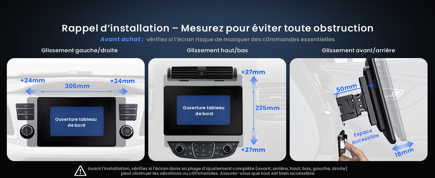 Le texte se lit comme suit : « Rappel d'installation ». Série d'écrans d'interface affichant les instructions de configuration du système automobile avec une palette de couleurs bleu et blanc.