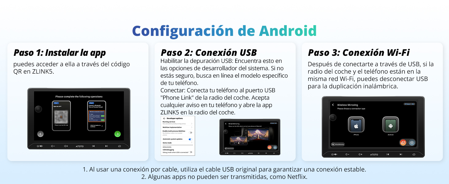 Guía de configuración en español/Android que muestra tres pasos con capturas de pantalla de la interfaz e instrucciones de conexión.