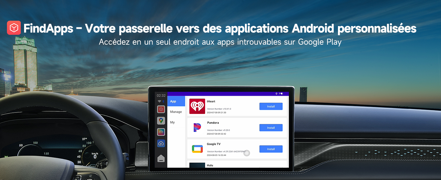 Le texte se lit comme suit : « FindApps - Votre passerelle vers des applications Android personnalisées ». Capture d'écran de l'interface de l'application mobile affichée sur fond de tableau de bord de voiture.