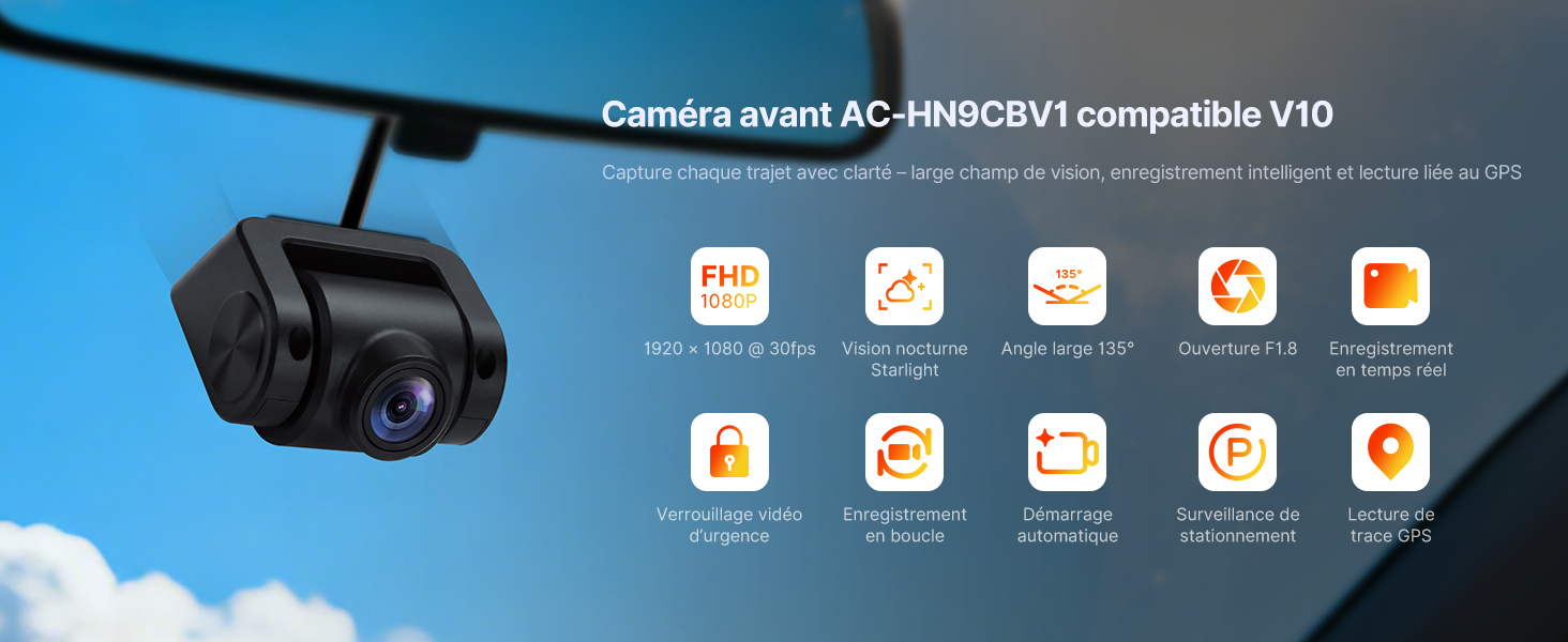 Le texte se lit comme suit : « Camera event AC-HNGCRV1 compatible V10 » avec plusieurs icônes d'application affichées. Interface du système de caméra de recul du véhicule affichée sur fond de ciel bleu.