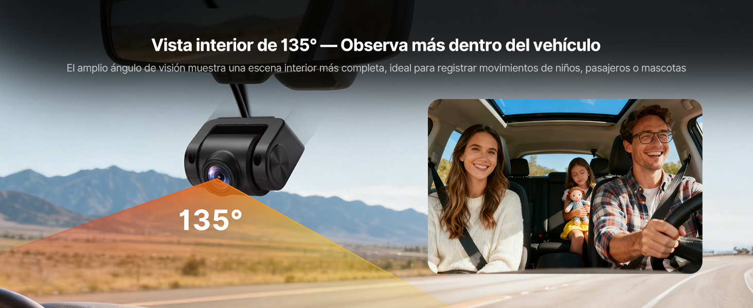 El texto dice «Imagen 4» y «Vista interior de 135° — Observa más dentro del vehículo». Serie de vistas del interior del coche que muestran las perspectivas del salpicadero y de la carretera.