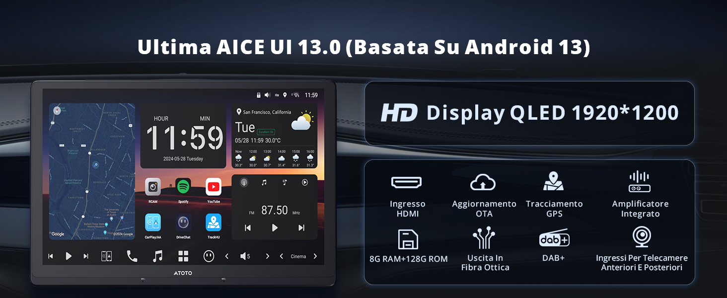 Interfaccia digitale che mostra l'ora 11:59 con specifiche del display HD e icone del menu di sistema su sfondo scuro.