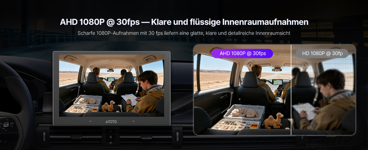Der Text lautet: 'AHD 1080P @ 30fps - Klare und flüssige Innenraumaufnahmen'. Serie von Aufnahmen der Armaturenbrettkamera, die Innenansichten des Fahrzeugs mit Überlagerung der technischen Daten zeigt.