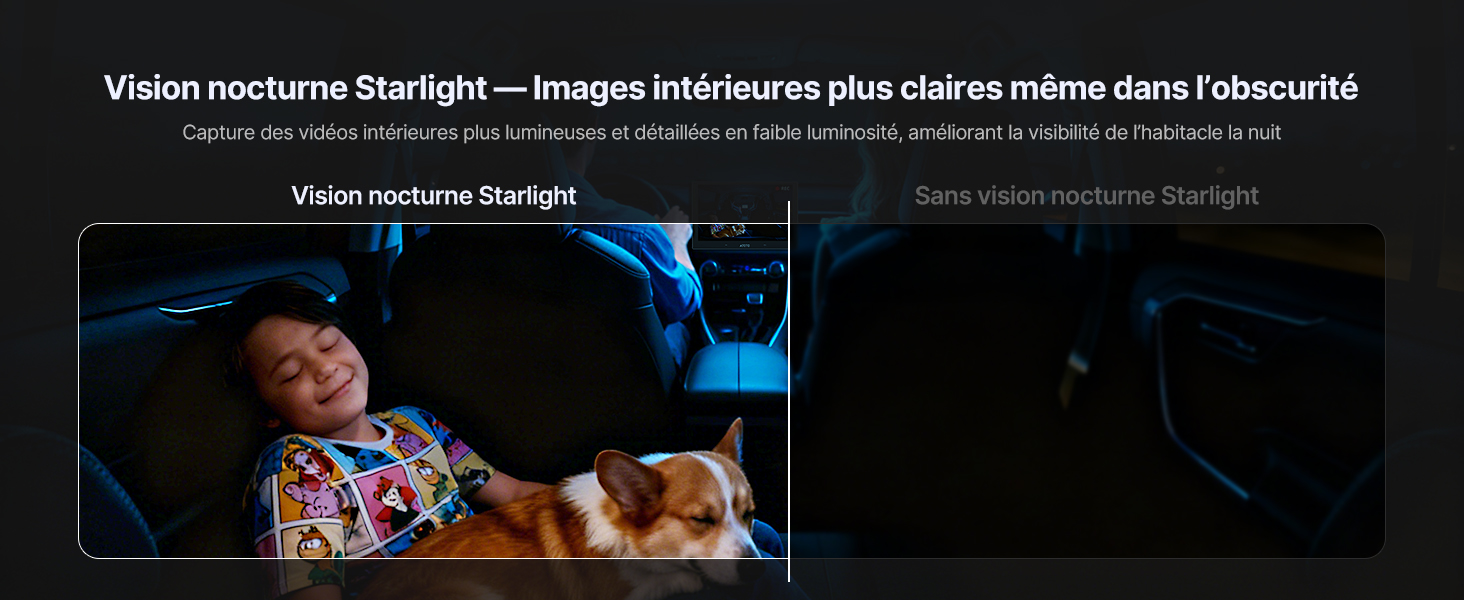 Le texte se lit comme suit : « Vision nocturne Starlight — Images infrarouges plus claires même dans l'obscurité ». Scène sombre montrant une démonstration de technologie de vision nocturne avec des images teintées de bleu.