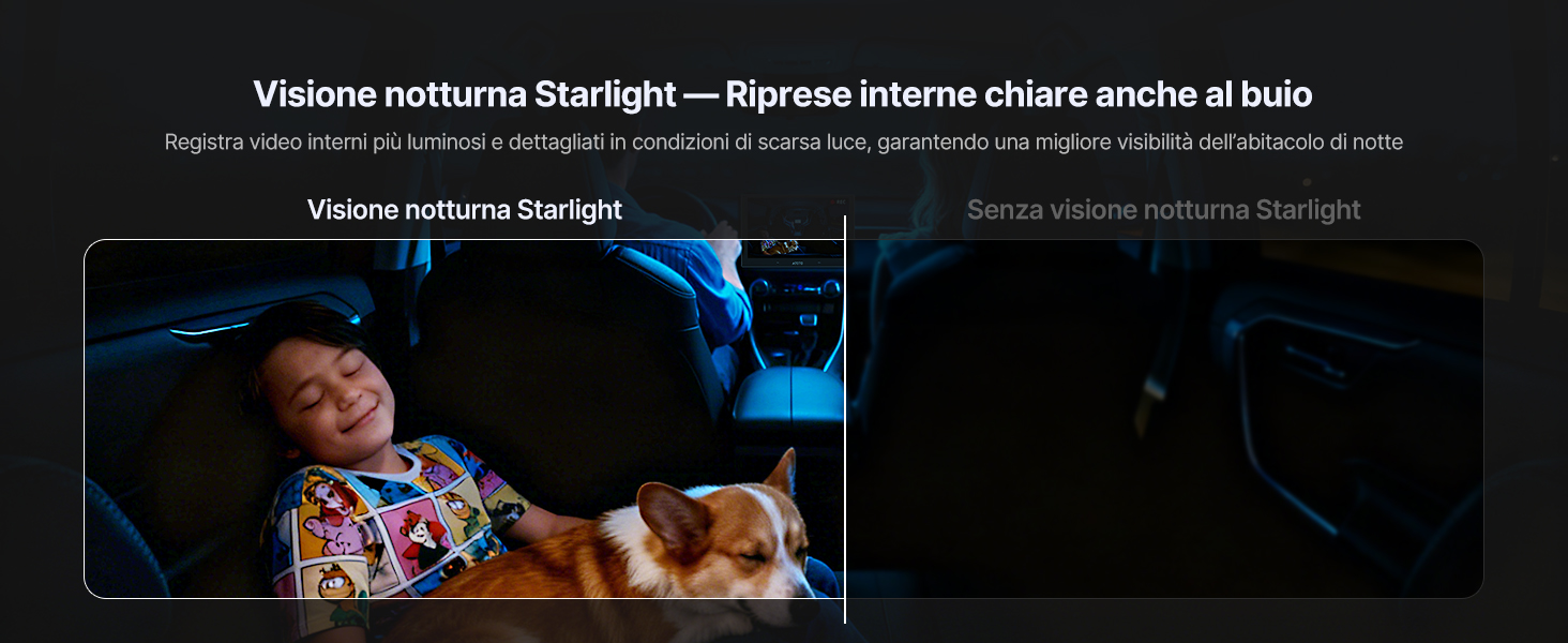 Il testo recita: 'Visione notturna Starlight - Riprese interne chiare anche al buio'. Serie di immagini di sorveglianza notturna che mostrano chiare capacità di visibilità in condizioni di scarsa illuminazione.