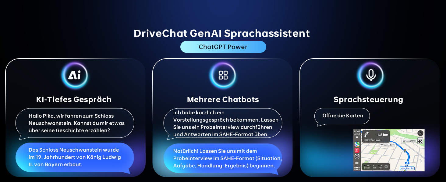 Der Text lautet „DriveChat GenAI Sprachassistent“ mit drei blauen Panels, auf denen die Funktionen „KI Turbo Gespräch“, „Mehrere Checkliste“ und „Sprachsteuerung“ mit entsprechenden Symbolen angezeigt werden.