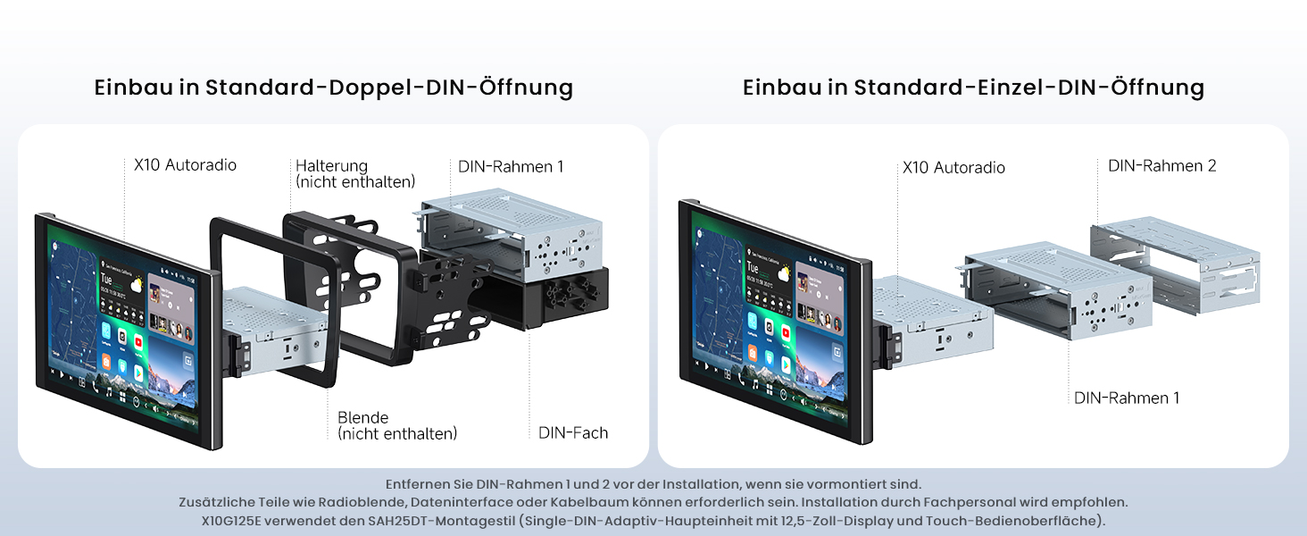 Technisches Diagramm, das die Installationsschritte der Montagehalterung mit Explosionsdarstellung der Komponenten und der Montagereihenfolge zeigt.