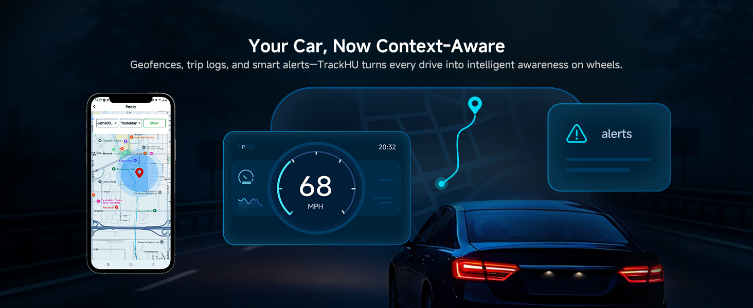 Text reads 'Your Car, Now Context-Aware'. Digital dashboard interface showing navigation map, speed display reading '68', and car silhouette with smartphone integration.