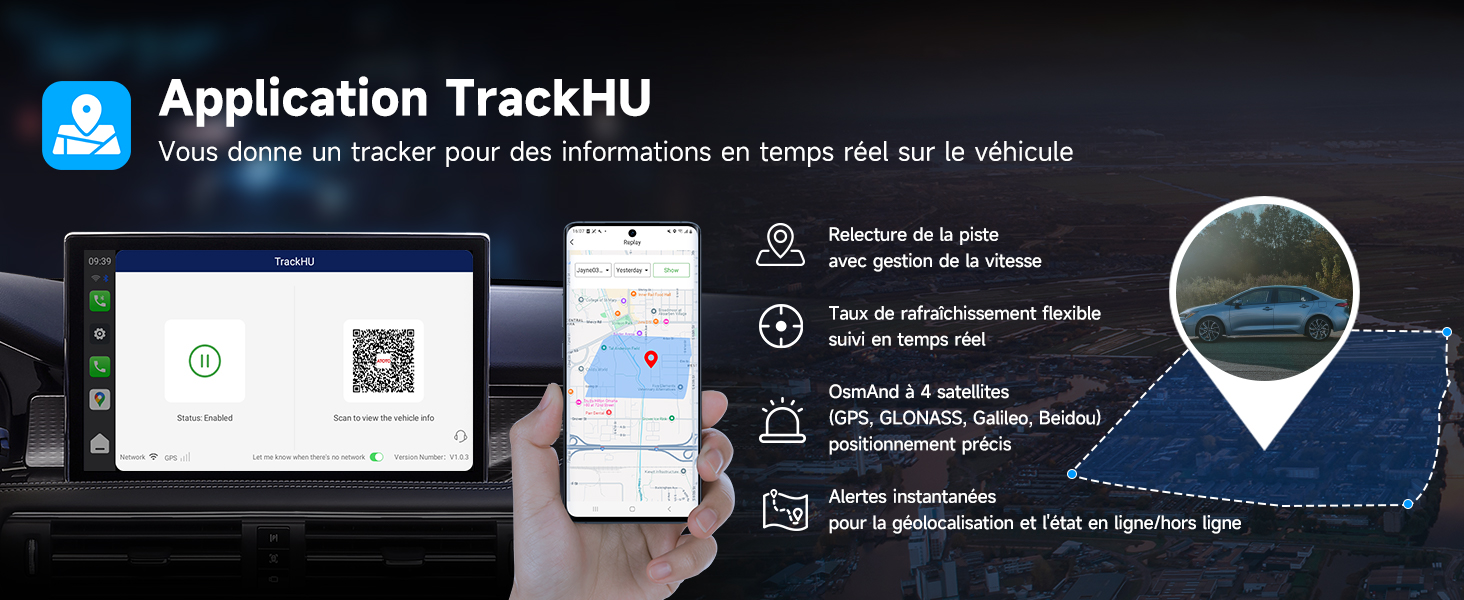 Le texte indique « Application TrackHu ». Captures d'écran de l'interface de l'application mobile montrant la fonctionnalité de suivi avec des accents bleus et un fond blanc.