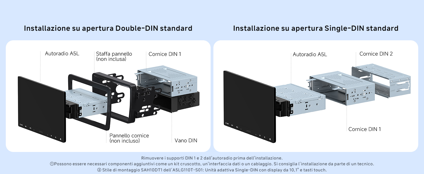 Il testo recita «Installatione su apertura double DIN standard», «Installatione su apertura single-DIN standard». Schemi tecnici che mostrano le configurazioni di installazione dell'autoradio.