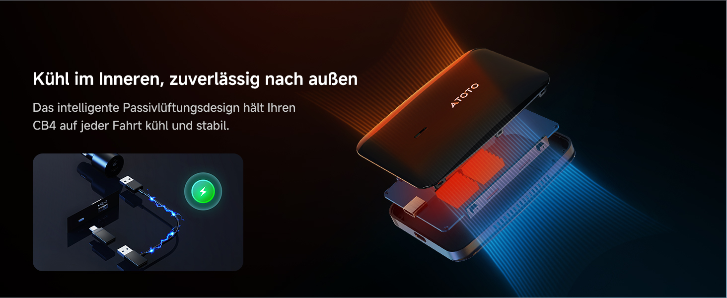 Der Text lautet „Kühl im inneren, zuverlässig nach außen“. Technische Abbildung, die das Smartphone-Kühlsystem mit blauer thermischer Visualisierungsüberlagerung zeigt.