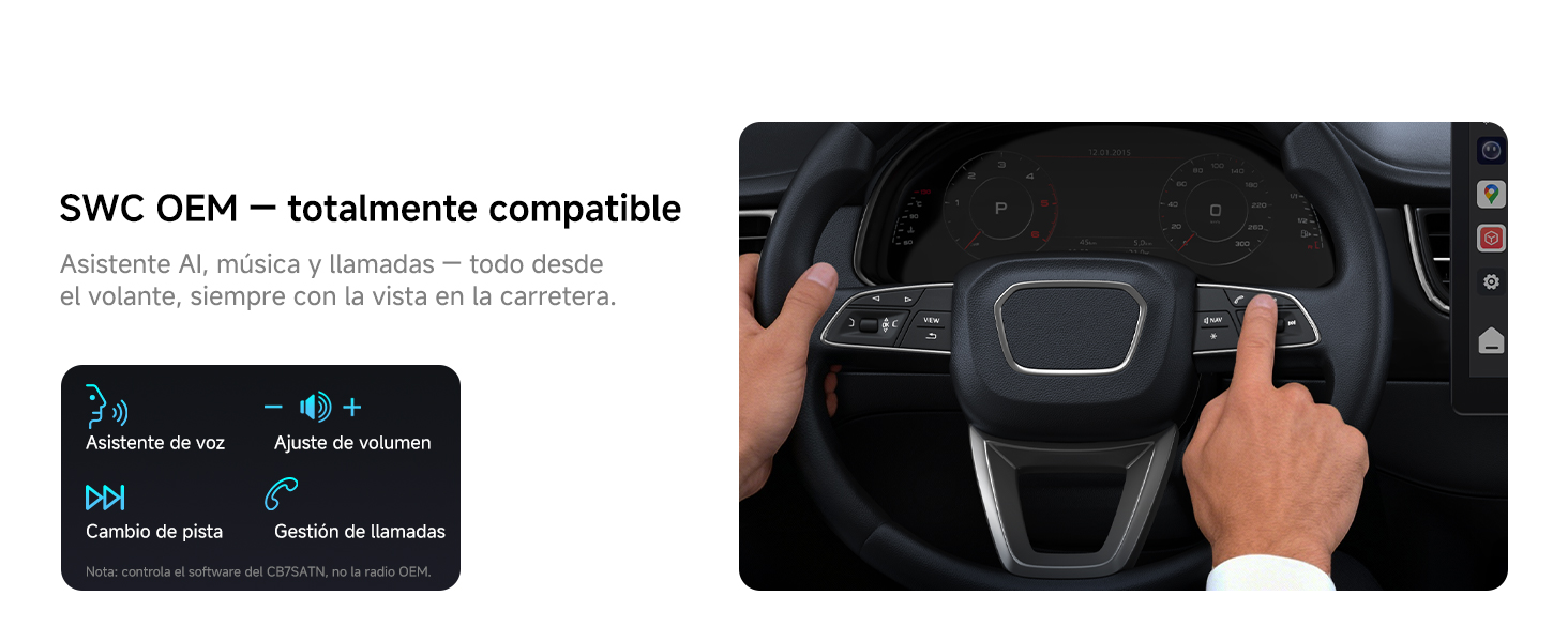 El texto dice «SWC-DBM — Totalmente compatible». La interfaz del vehículo o la pantalla del sistema de control muestran los elementos del salpicadero y del volante.