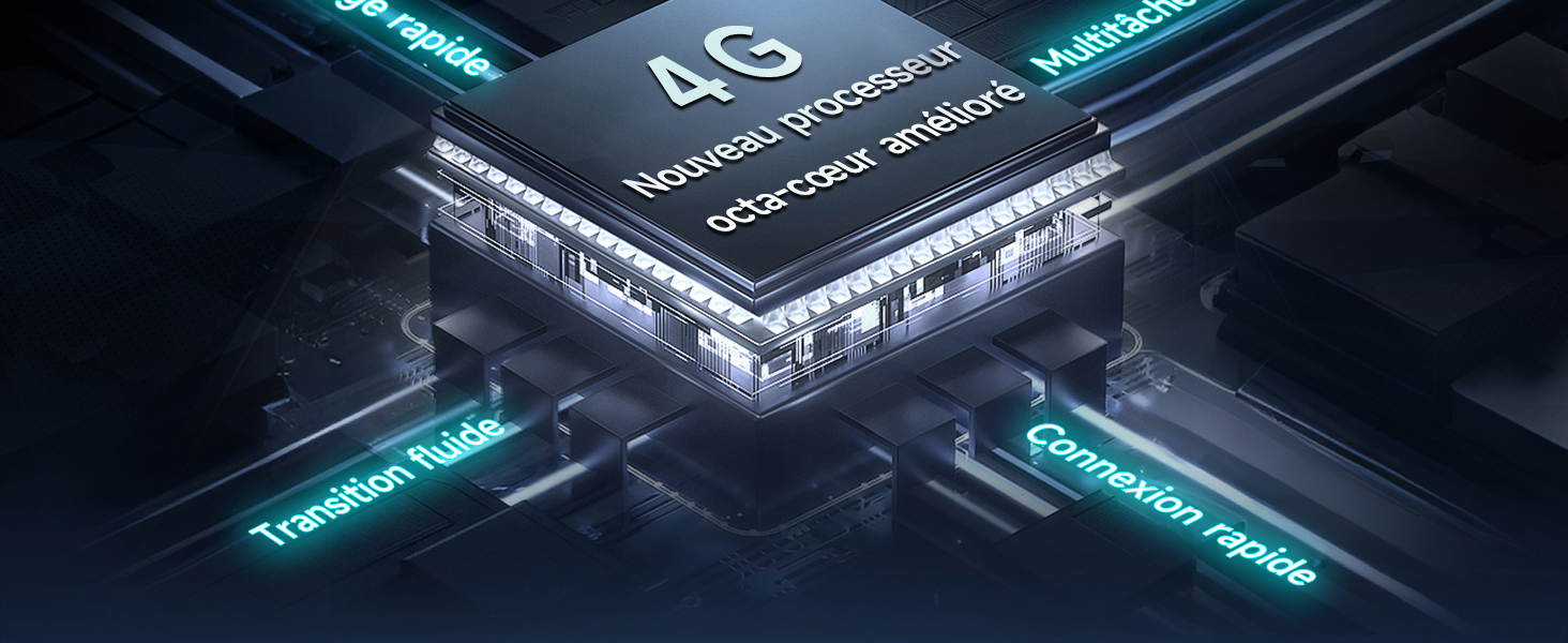 Illustration numérique du texte « 4G » et « Transférer » avec des éléments technologiques bleus brillants sur fond sombre. Visualisation futuriste du concept de connectivité réseau.