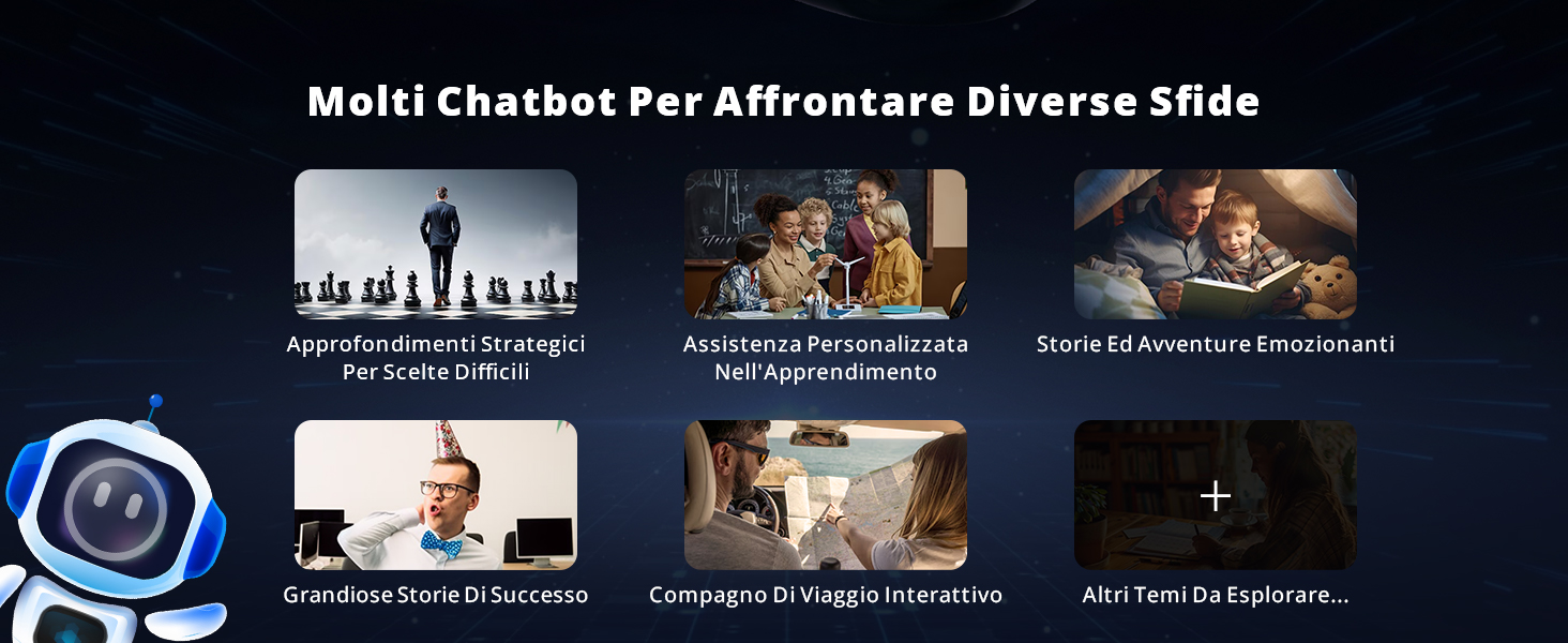 Screenshot di un'interfaccia chatbot multicanale che mostra varie schermate di conversazione e opzioni di integrazione per le piattaforme di assistenza clienti.