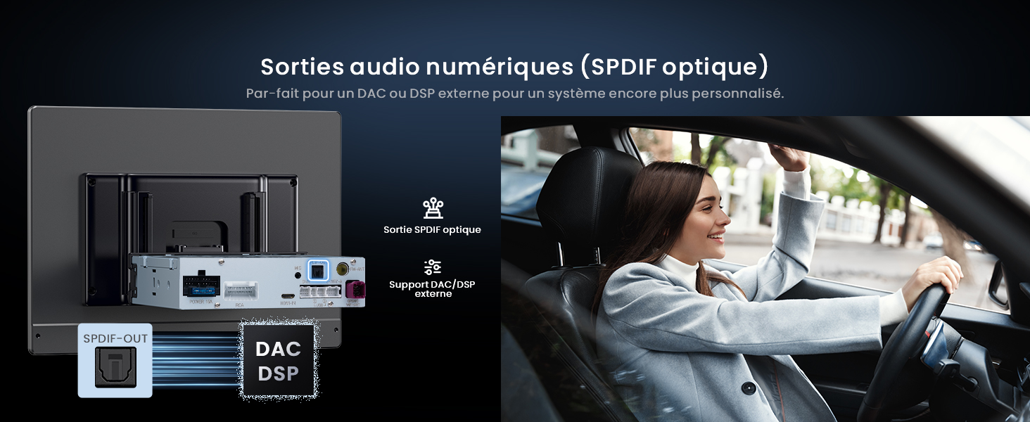Le texte se lit comme suit : « Sorties audio numériques (SPDIF optique) ». Schéma technique montrant les connexions des sorties audio numériques et les spécifications relatives à l'aménagement intérieur du véhicule.