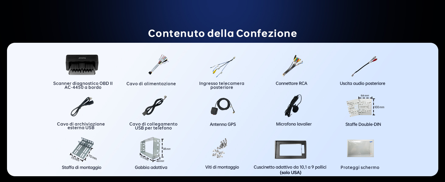 Diagramma che mostra il contenuto di una confezione di prodotto, inclusi vari cavi, adattatori, telecomando e hardware di montaggio. Il testo italiano 'Contenuto della Confezione' appare in alto