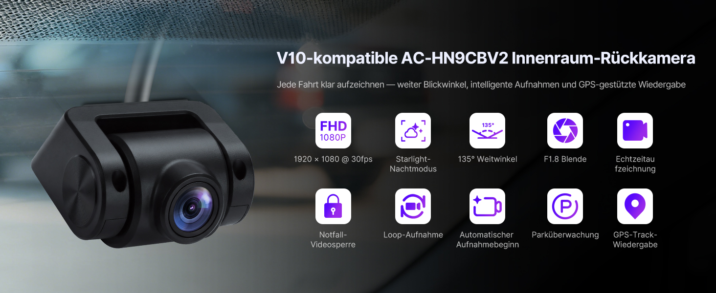 Schwarzes Kameragerät mit mehreren unten angezeigten App-Symbolen, die Konnektivitätsmerkmale und -funktionen anzeigen.