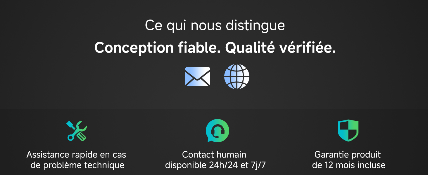 Le texte se lit comme suit : « Ce qui nous distingue : Conception fiable, Qualité vérifiée ». Pied de page Web affichant des icônes de courrier électronique et de globe avec des informations de contact.