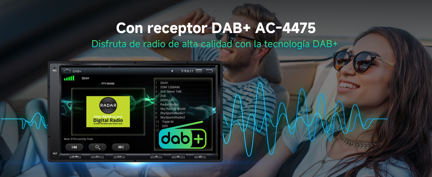 El texto dice «Con receptor DAB+ AC-4475» y «Disfruta de radio de alta calidad con la tecnología DAB+». Pantalla de interfaz de radio digital que muestra la intensidad de la señal y el logotipo DAB+.