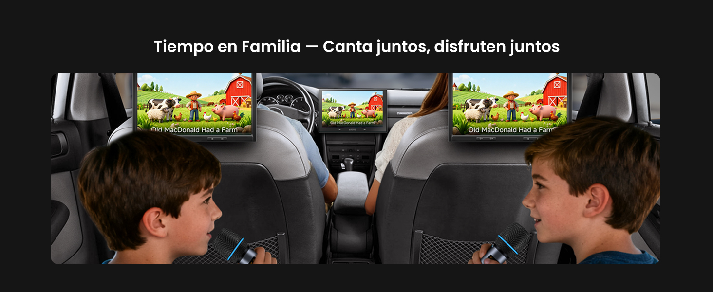 El texto dice «Tiempo en Familia - Como juntos, disfrutan juntos». Escenas del interior de un automóvil que muestran un sistema de entretenimiento o una pantalla montados en el vehículo.